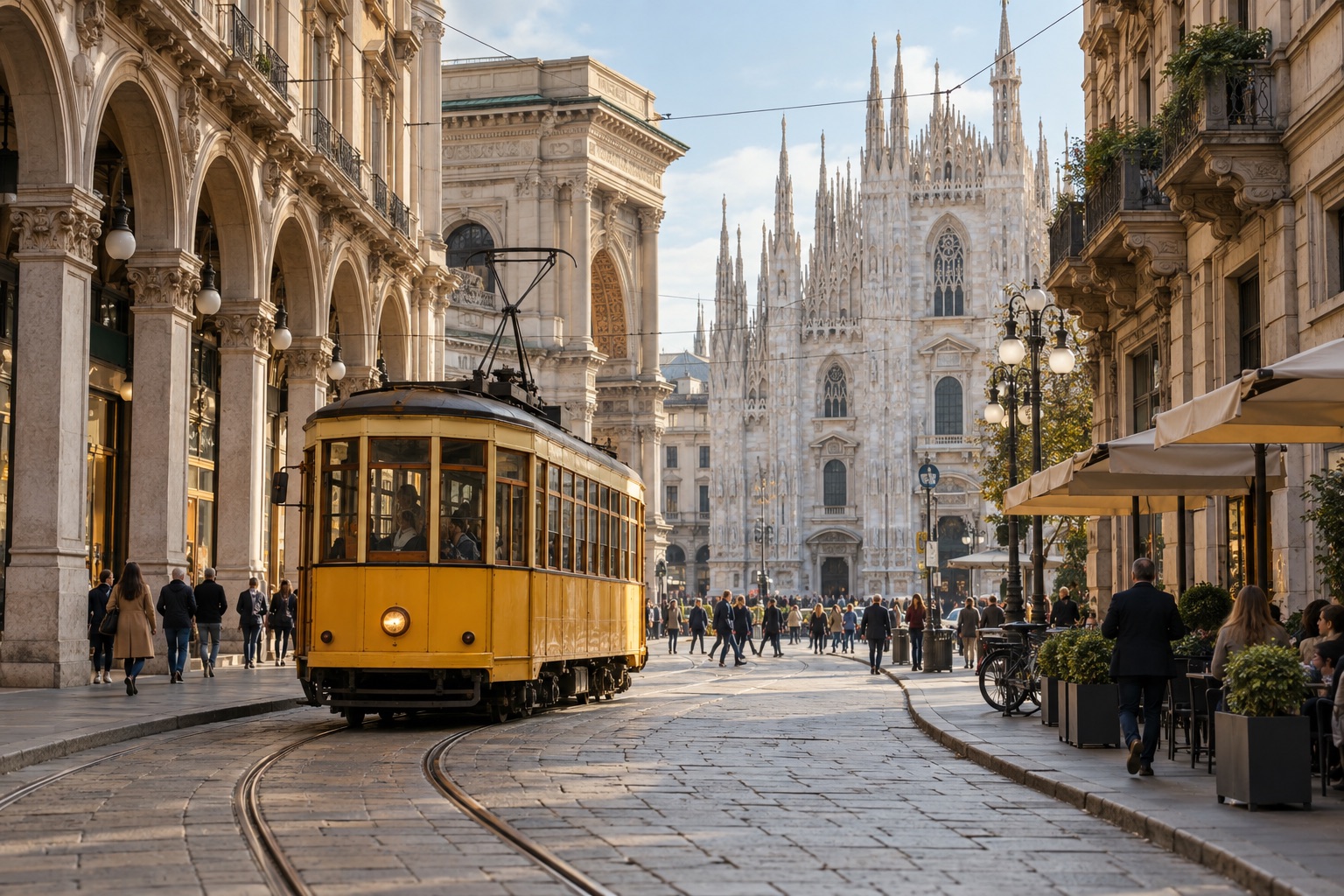Rappresentazione di Milano con tram giallo e Duomo sullo sfondo