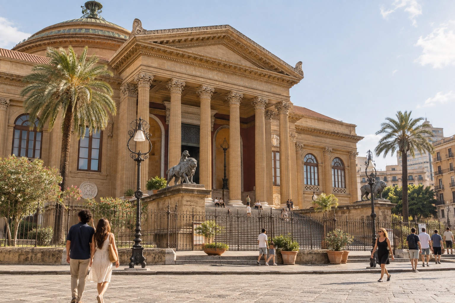 Rappresentazione di Palermo con il Teatro Massimo e le palme